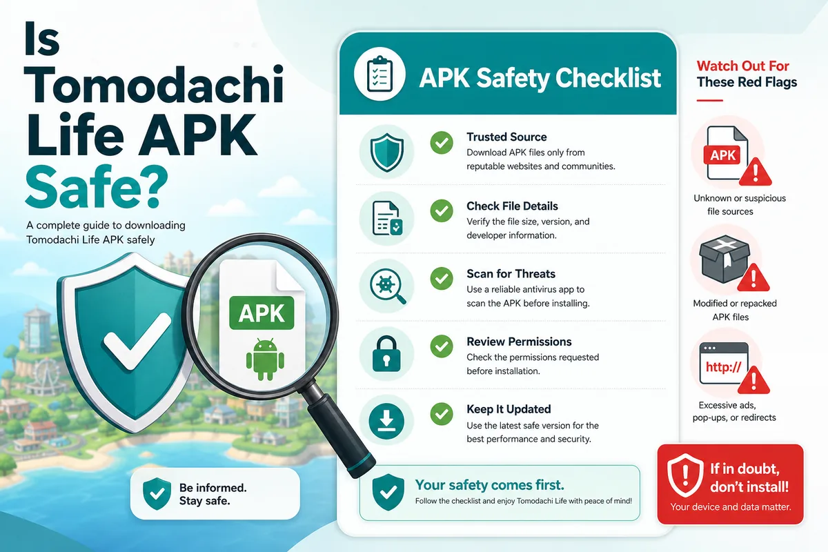Tomodachi Life APK safety checklist illustration with shield scan and warning signs