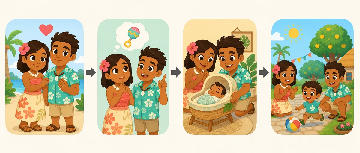 Ilustración editorial de flujo con pareja Mii casada, petición de bebé, llegada del bebé y vida en la isla