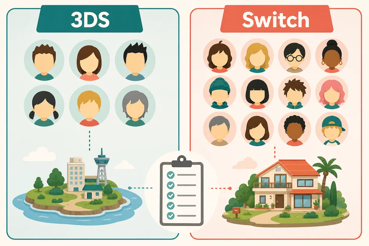 3DS時代とSwitch時代のトモダチライフ住民計画を比較する編集イラスト