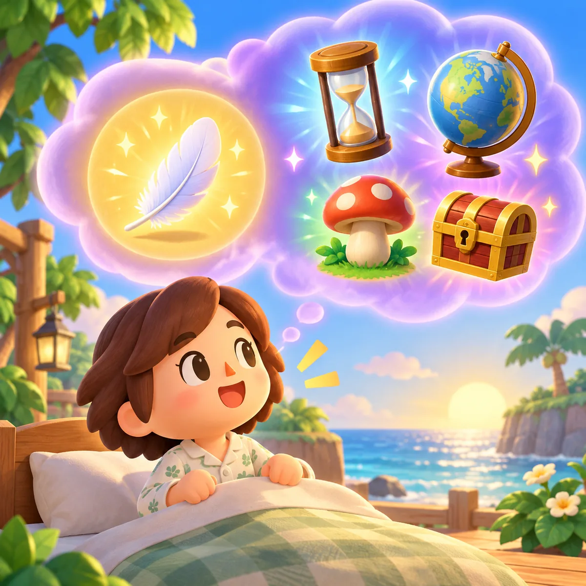 目を覚ました住人と、羽根、砂時計、地球儀、キノコ、宝箱などの夢の報酬を描いた編集イラスト