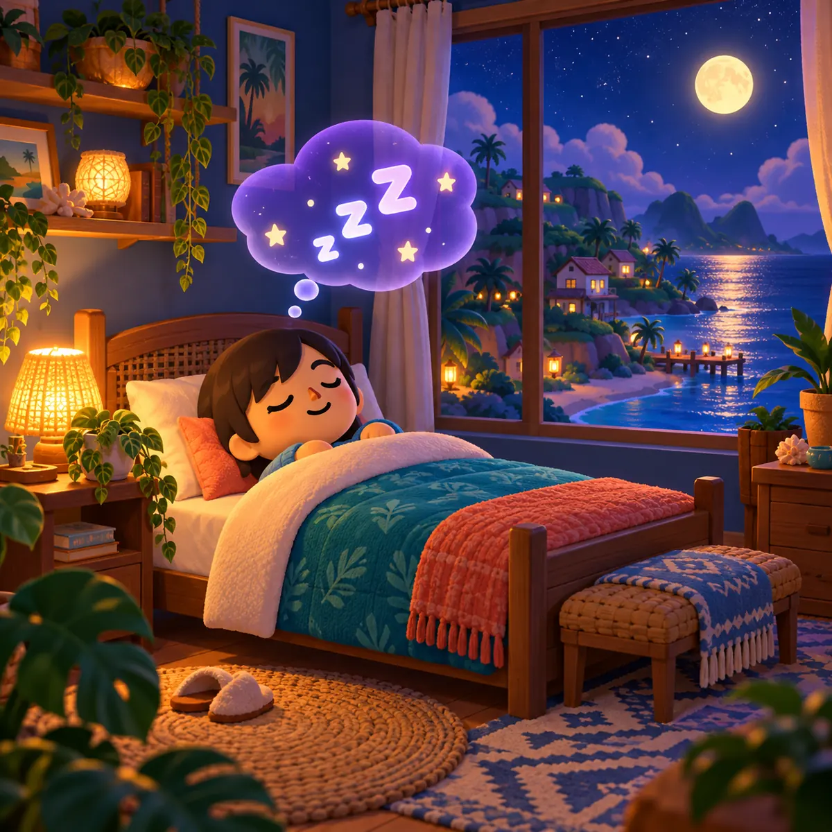 月明かりの島を背景に、眠る住人と頭上の夢の吹き出しを描いた編集イラスト