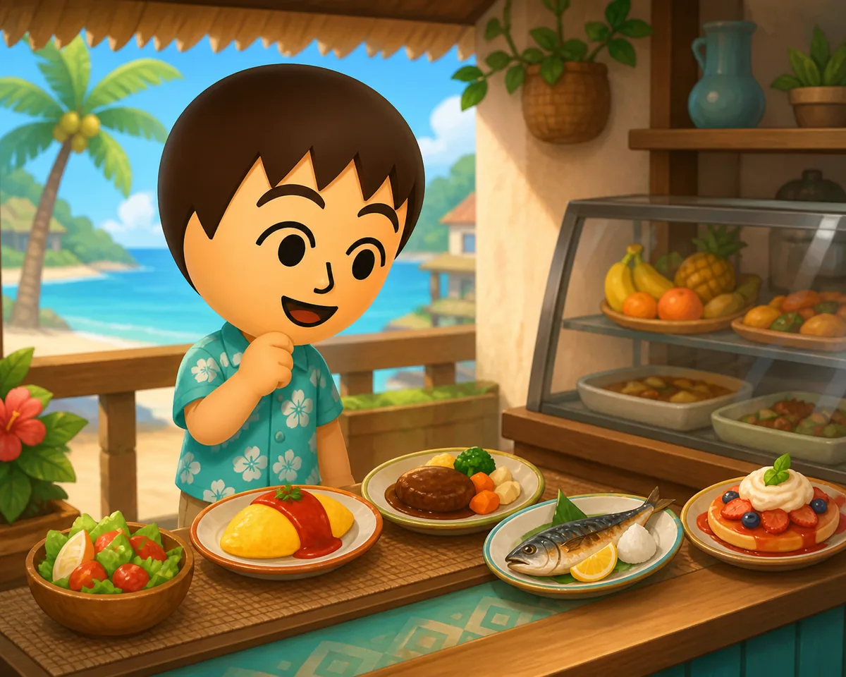 Editorial illustration of a Tomodachi Life resident choosing dishes at an island food shop