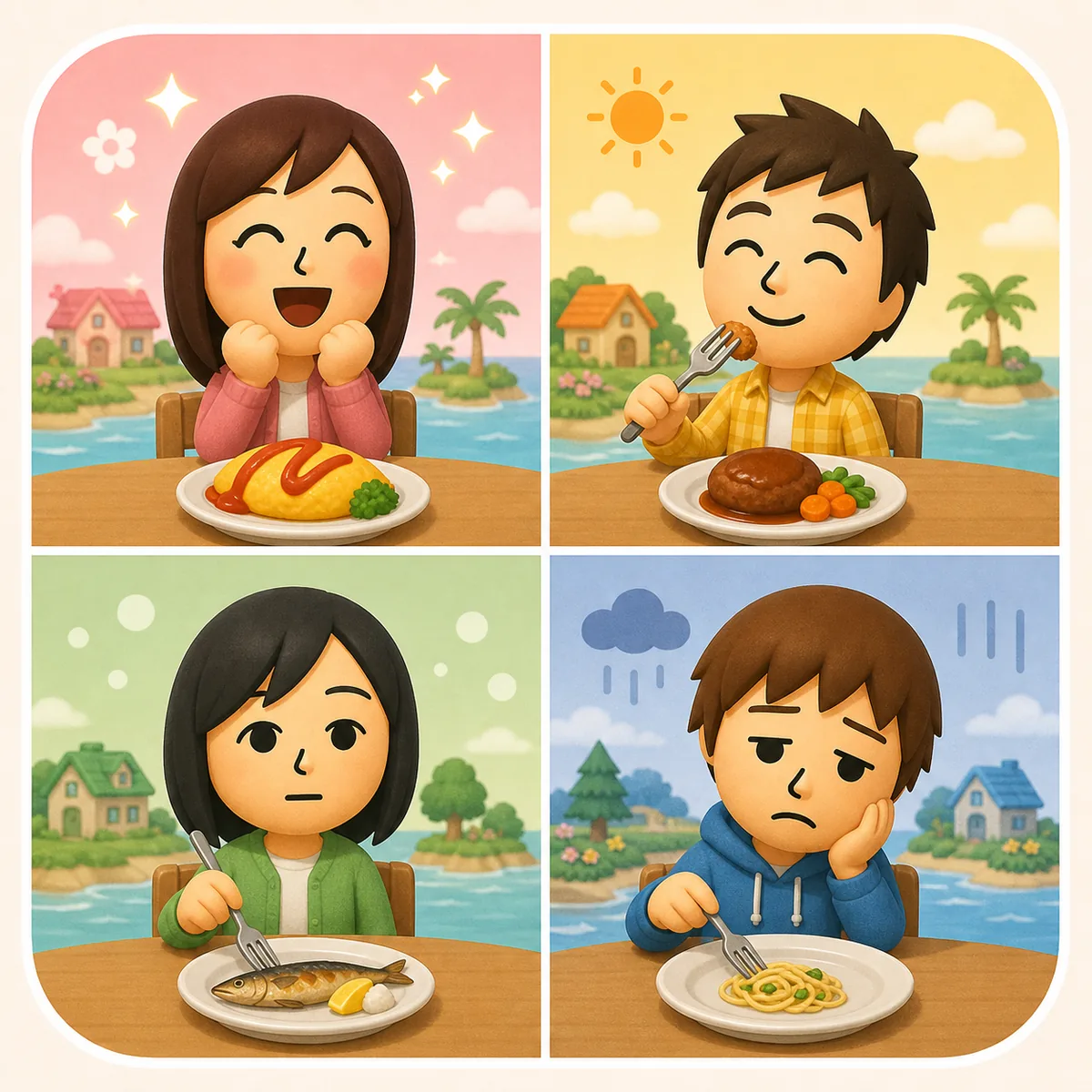 Editorial comparison illustration of four Mii-like residents showing different reactions to food