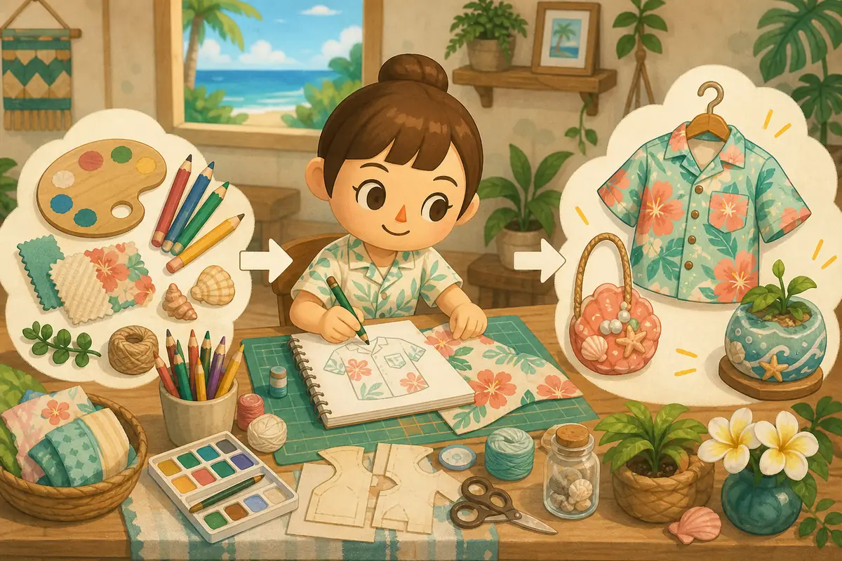 Ilustração editorial de um morador parecido com Mii desenhando uma camisa e itens decorativos com paleta e materiais
