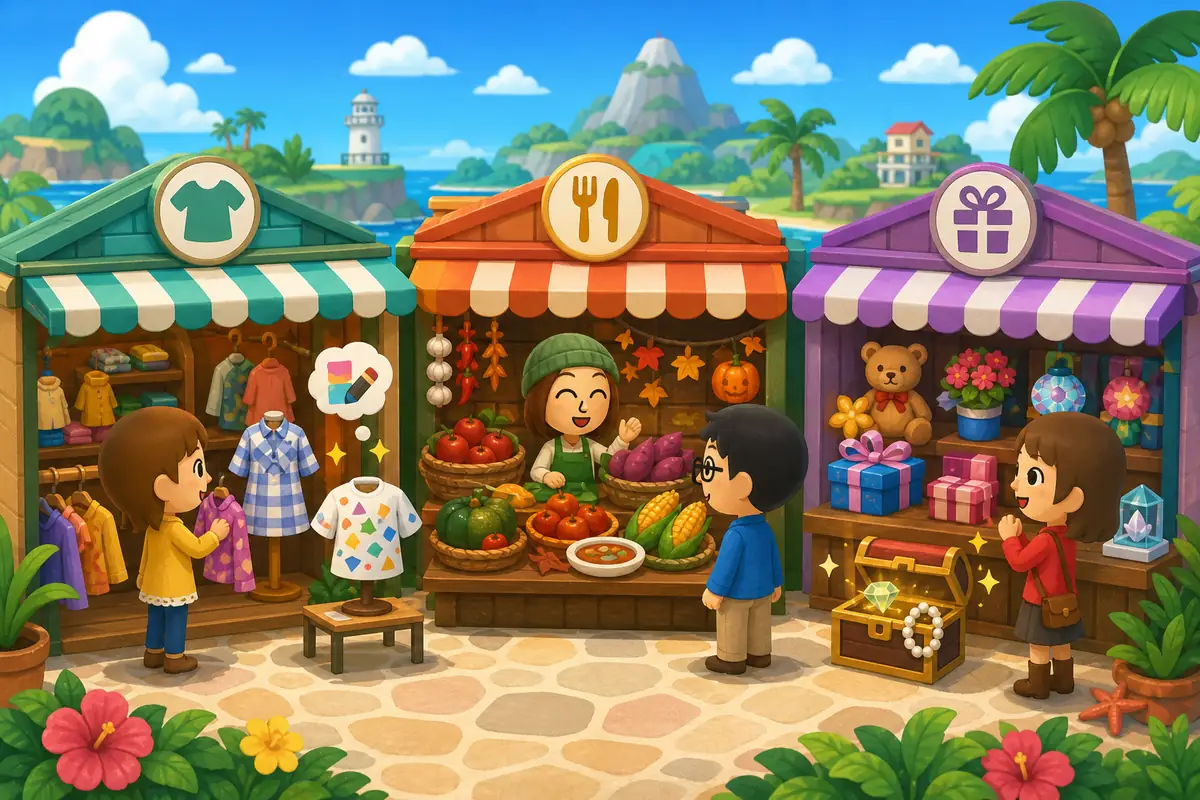 Ilustração editorial de moradores de Tomodachi Life olhando roupas, comida, presentes e tesouros em lojas
