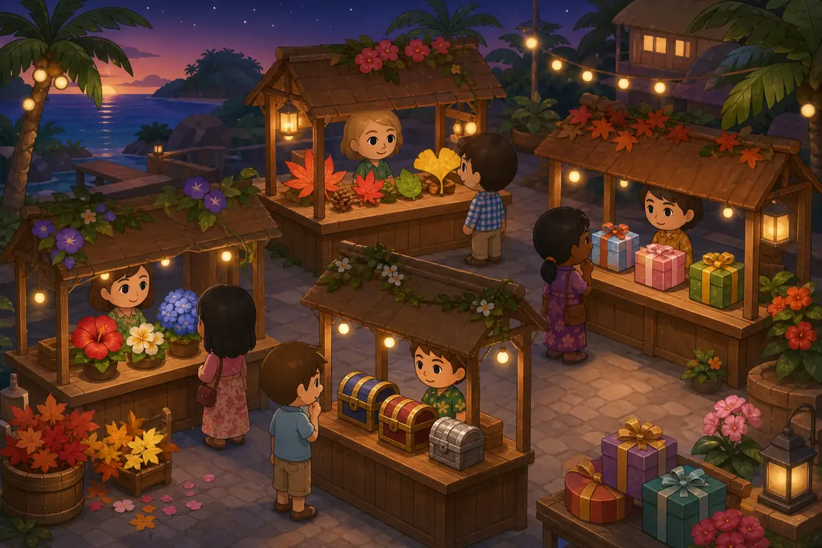 Ilustração editorial de um mercado na ilha ao entardecer com flores sazonais, folhas, caixas de presente e baús
