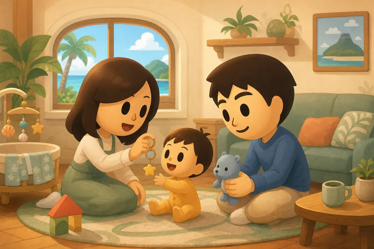 Illustration éditoriale d'une famille sur une île Tomodachi Life représentant les bébés et enfants dans Living the Dream