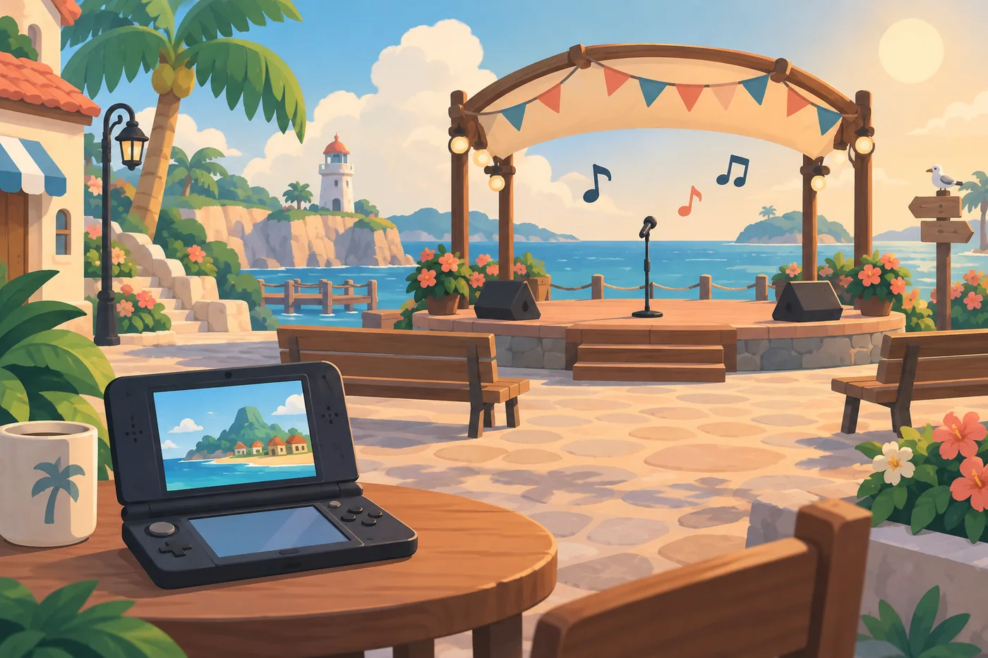 Ilustración editorial de un escenario musical en una isla, un micrófono, notas y una consola portátil