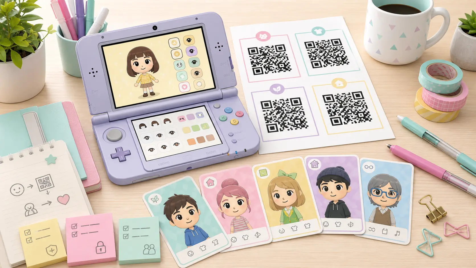 Ilustração editorial de cartões QR de Miis, console portátil e notas de fonte