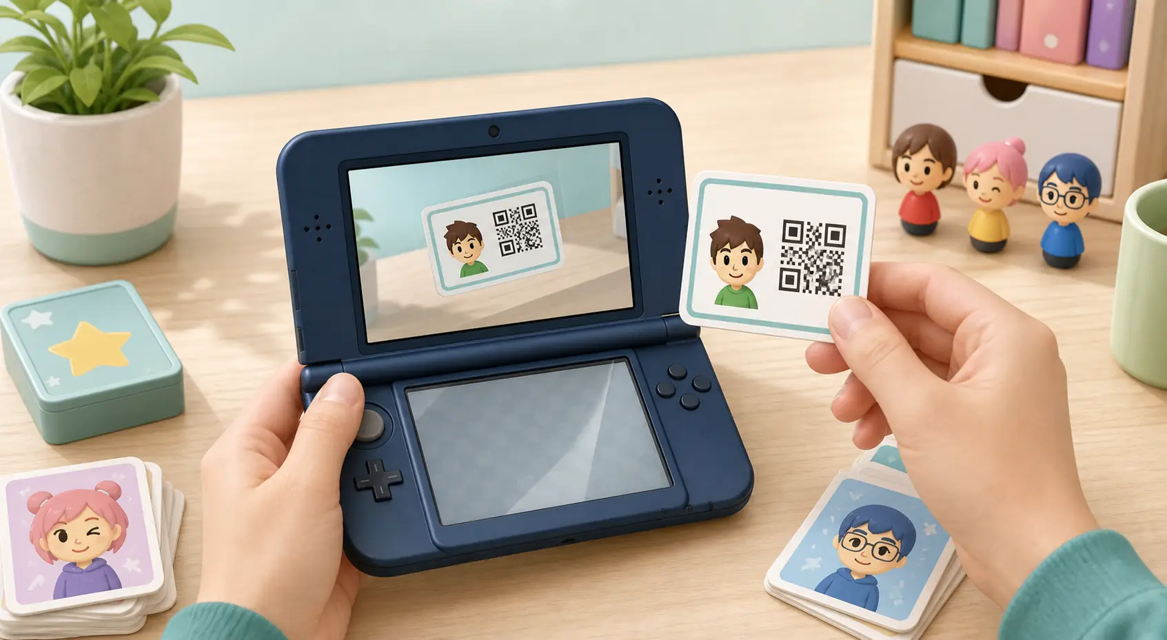 Ilustração de um console portátil escaneando um cartão QR Mii de Tomodachi Life