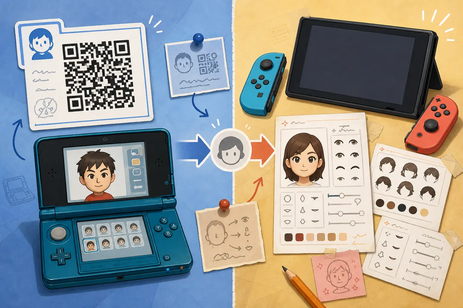 Comparação editorial entre QR de 3DS e reconstrução de Miis no Switch
