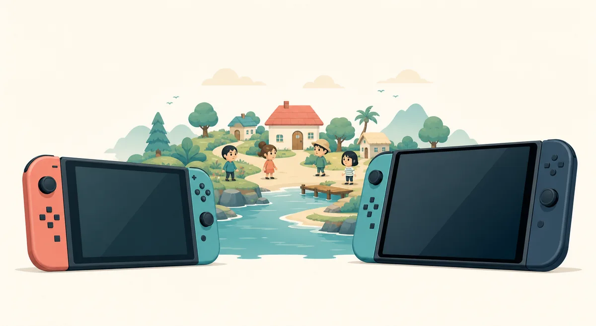 Editorial illustration comparing two Nintendo Switch-family consoles for a Tomodachi Life platform decision